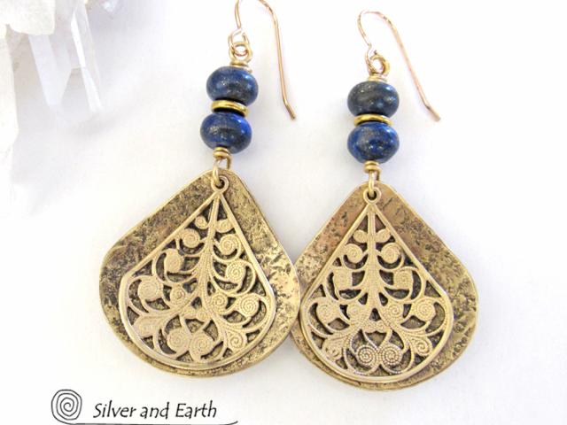 Gold Brass Filigree Earrings with Lapis Lazuli Gemstones - Bold Exotic Jewelry