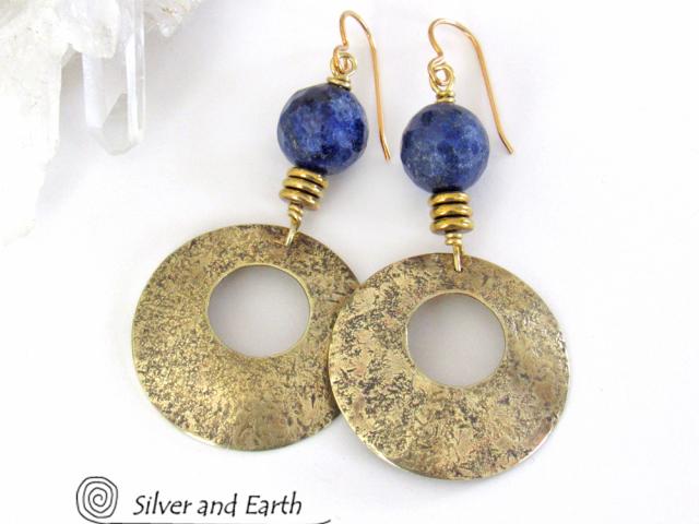 Gold Brass Hoop Earrings with Blue Lapis Gemstones - Modern Chic Jewelry