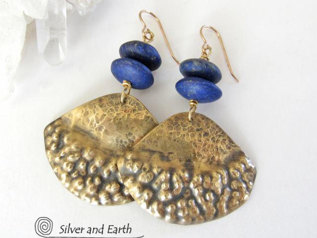 Gold Brass Earrings with Lapis Lazuli Gemstones - Boho Chic Tribal Jewelry
