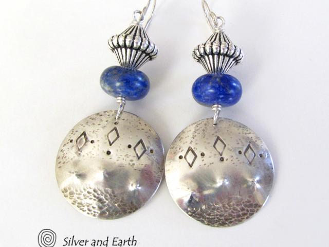 Sterling Silver Tribal Earrings with Blue Lapis Gemstones - Bold Exotic Jewelry