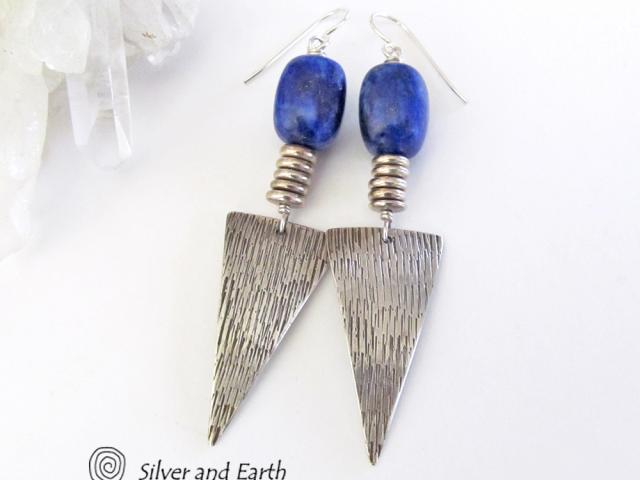 Blue Lapis Sterling Silver Earrings- Bold Edgy Modern Silver Jewelry