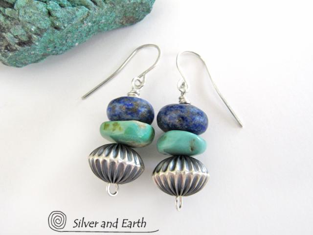 Turquoise & Lapis Earrings with "Navajo Pearl Style" Sterling Silver Beads