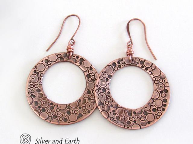 Large Copper Hoop Dangle Earrings with Hand Stamped Texture