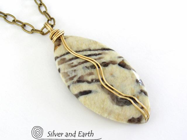 Graphic Feldspar Necklace on Brass Chain - Wire Wrapped Natural Stone Jewelry