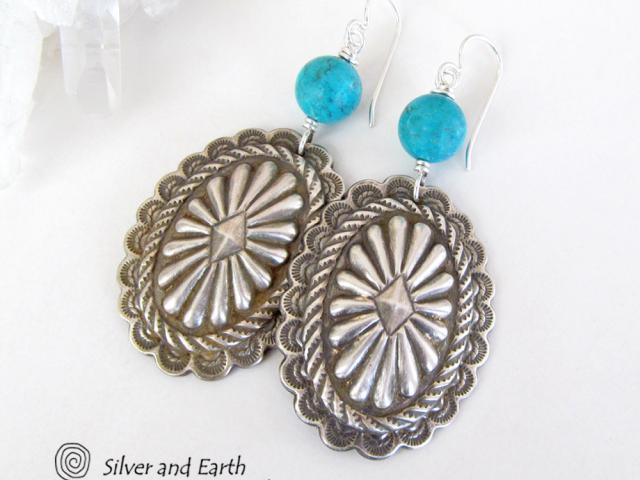 Big Sterling Silver Concho Earrings with Turquoise - Santa Fe Style Jewelry