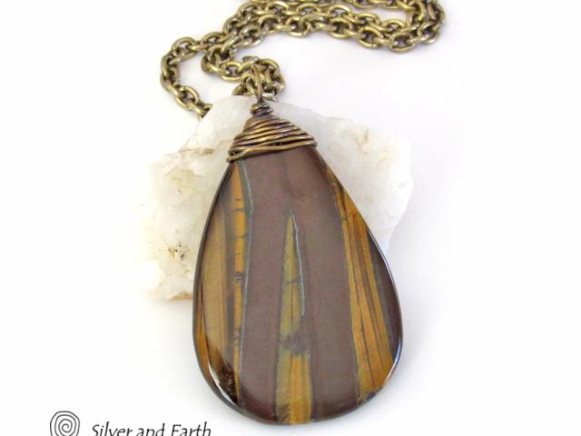 Large Tiger's Eye Gemstone Pendant Necklace- Earthy Natural Stone Jewelry