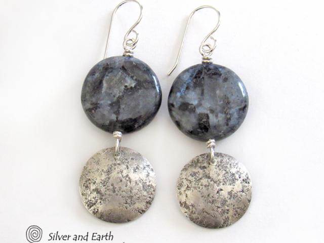 Larvikite Gemstone Sterling Silver Earrings - Norwegian Moonstone Jewelry