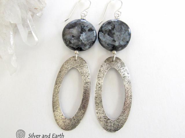 Larvikite Sterling Silver Hoop Dangle Earrings - Norwegian Moonstone Jewelry