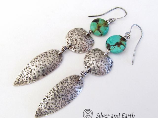 Long Sterling Silver Earrings with Turquoise - Bold Statement Jewelry