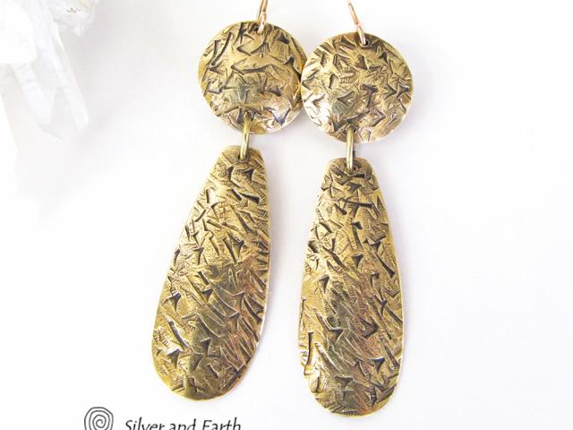 Textured Gold Brass Dangle Earrings - Contemporary Modern Metal Jewelry