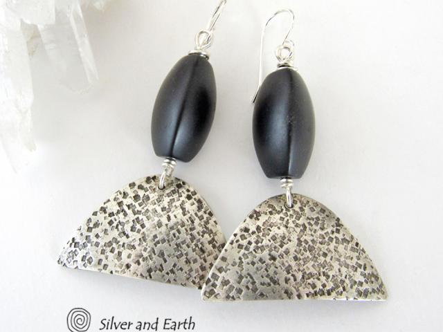 Textured Sterling Silver Earrings with Black Onyx - Contemporary Modern Jewelry