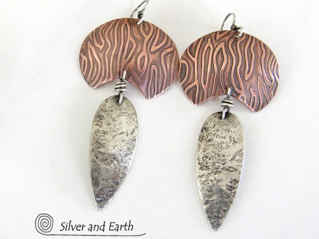 Mixed Metal Sterling Silver & Copper Earrings - Contemporary Modern Jewelry