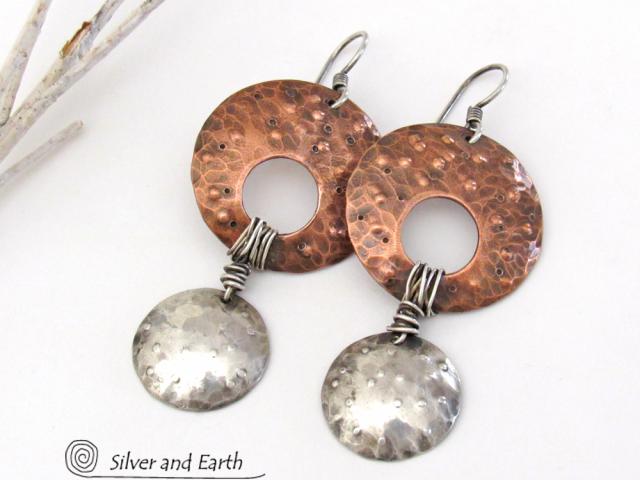 Mixed Metal Copper & Sterling Silver Earrings - Hand Forged Mixed Metal Jewelry