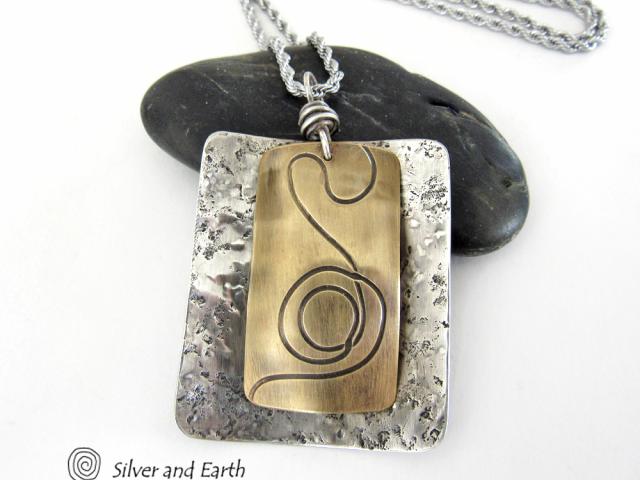 Textured Mixed Metal Necklace with Sterling Silver & Brass - Modern Jewelry