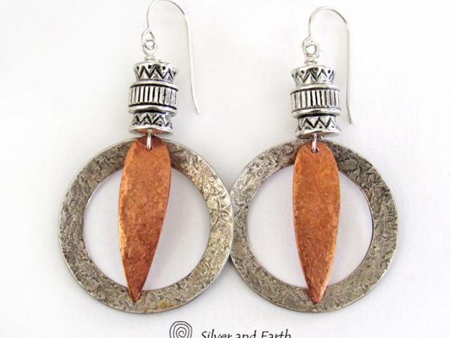 Tribal Sterling Silver & Copper Hoop Earrings - Boho Tribal Mixed Metal Jewelry