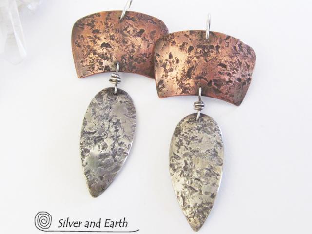 Sterling Silver & Copper Mixed Metal Earrings - Earthy Modern Tribal Jewelry