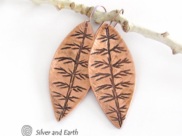 Copper Leaf Earrings with Hand Stamped Texture - Modern Nature Jewelry