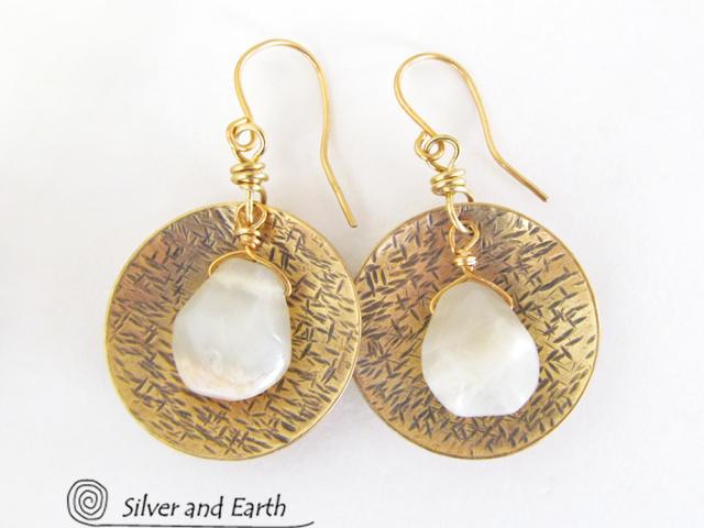 Gold Brass Earrings with Moonstones - Natural Moonstone Jewelry