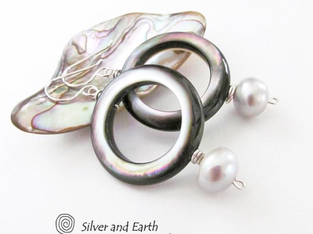 Mother of Pearl Hoop Earrings with White Pearls & Sterling Silver
