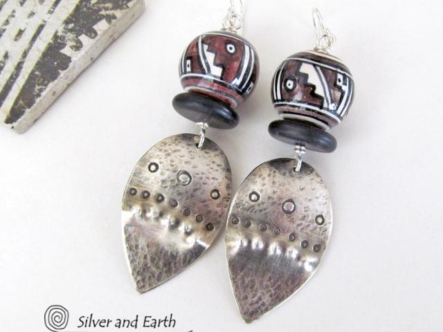 Sterling Silver Earrings with Tribal Southwest Beads - Bold Unique Jewelry