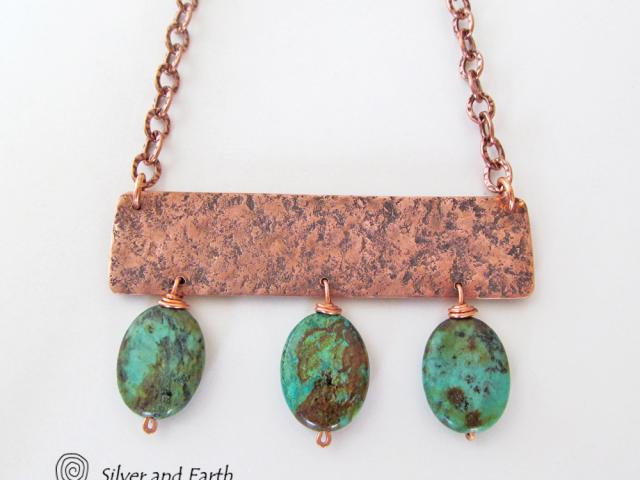 Copper Necklace with African Turquoise - Boho Chic Handcrafted Metalwork Jewelry