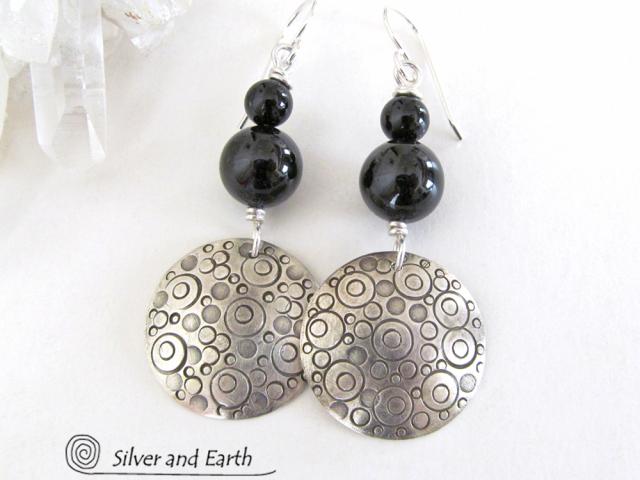 Sterling Silver Earrings with Black Onyx Stones - Modern Silver Jewelry