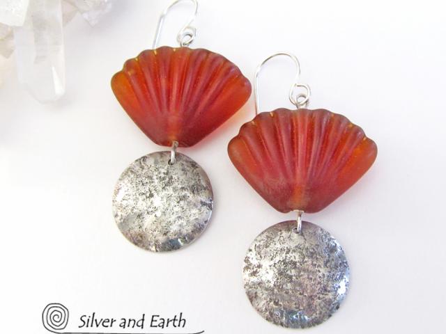 Sterling Silver Earrings with Orange Shell Shaped Glass Beads