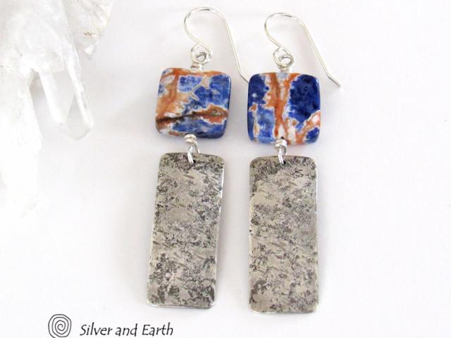 Hammered Sterling Silver Bar Earrings with Orange Sodalite Gemstones