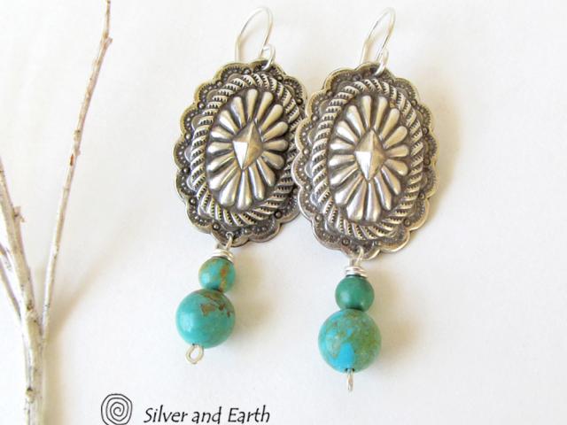 Sterling Silver Concho Earrings with Turquoise - Southwestern Silver Jewelry