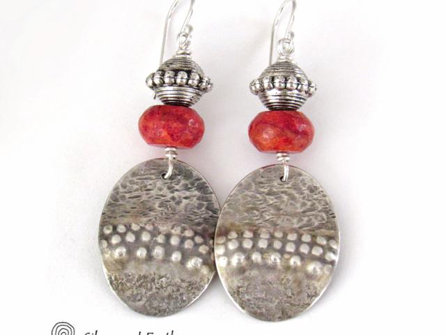 Textured Sterling Silver Earrings with Red Coral - Modern Tribal Jewelry