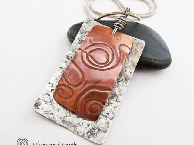 Mixed Metal Pendant Necklace with Textured Sterling Silver & Copper