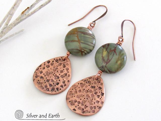 Natural Picasso Jasper Stone Earrings with Textured Copper Dangles