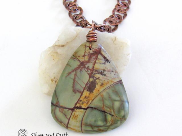 Large Picasso Jasper Stone Pendant on Textured Rustic Copper Chain Necklace