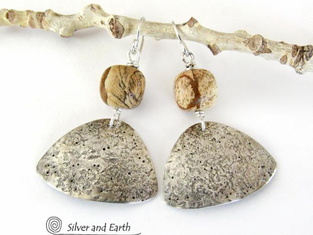 Textured Sterling Silver Dangle Earrings with Picture Jasper Stones