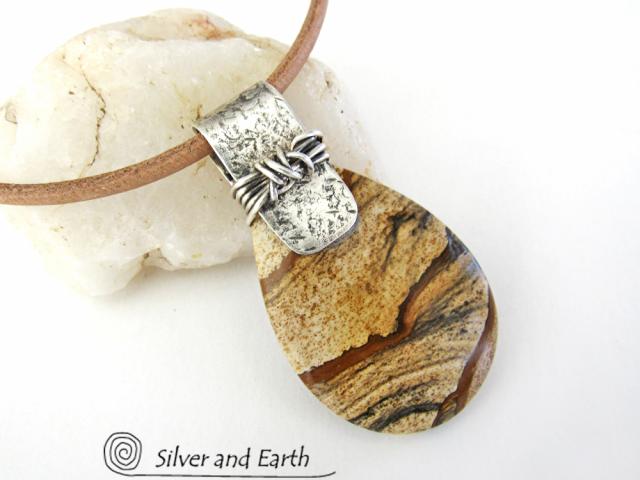 Picture Jasper Sterling Silver Pendant Necklace - Earthy Natural Stone Jewelry