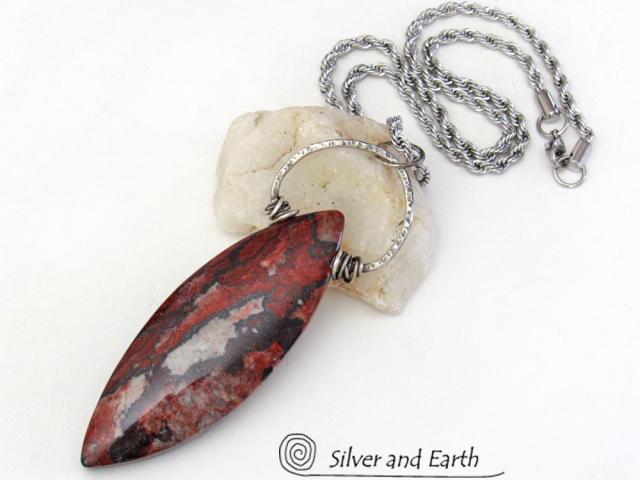 Large Brecciated Poppy Jasper Stone Necklace with Sterling Silver