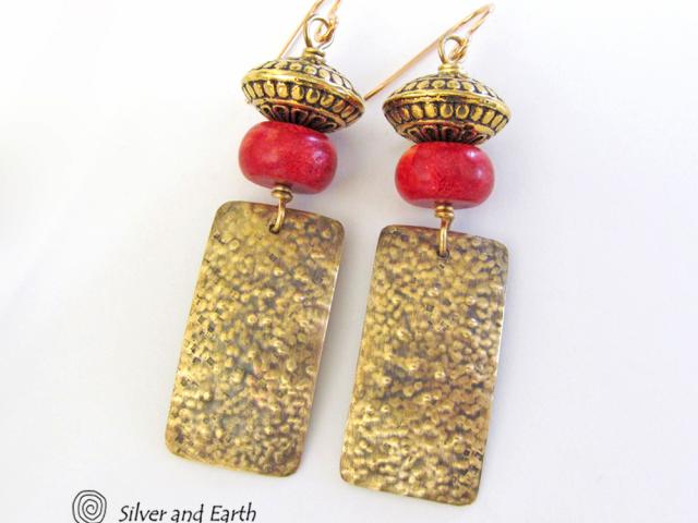 Gold Brass Earrings with Red Coral & Brass Beads - Modern Tribal Jewelry