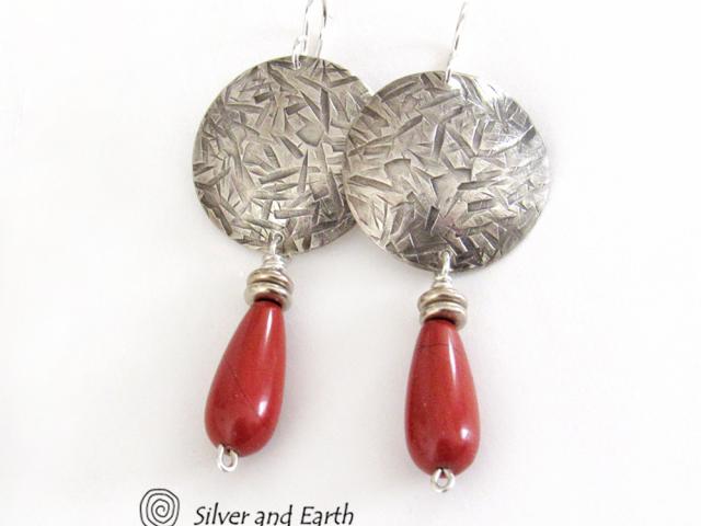 Sterling Silver Earrings with Red Jasper Stones - Modern Silver Jewelry
