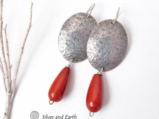 Sterling Silver Earrings with Red Jasper Gemstones - Modern Silver Jewelry