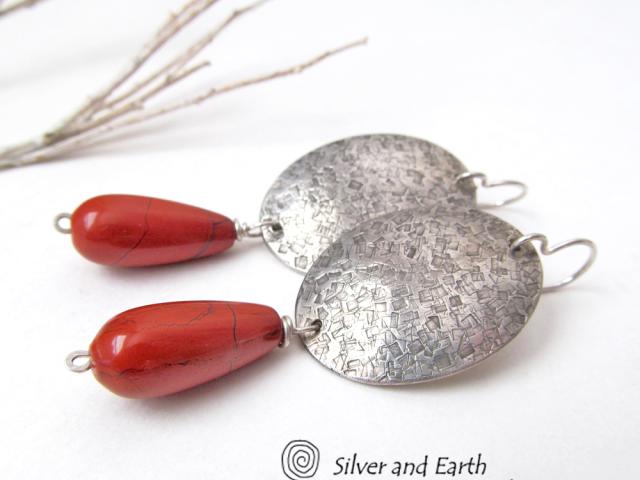 Sterling Silver Earrings with Red Jasper Gemstones - Modern Silver Jewelry