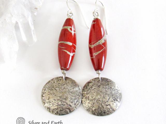 White Lace Red Jasper Sterling Silver Earrings - Unique Natural Stone Jewelry