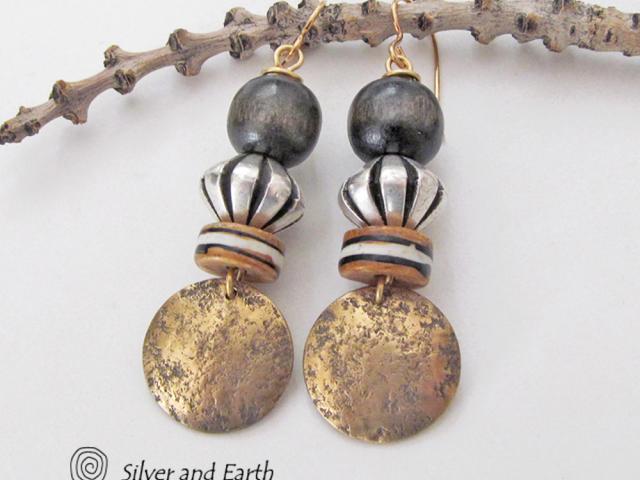Gold Brass Earrings with African Beads - Boho Chic Tribal Jewelry