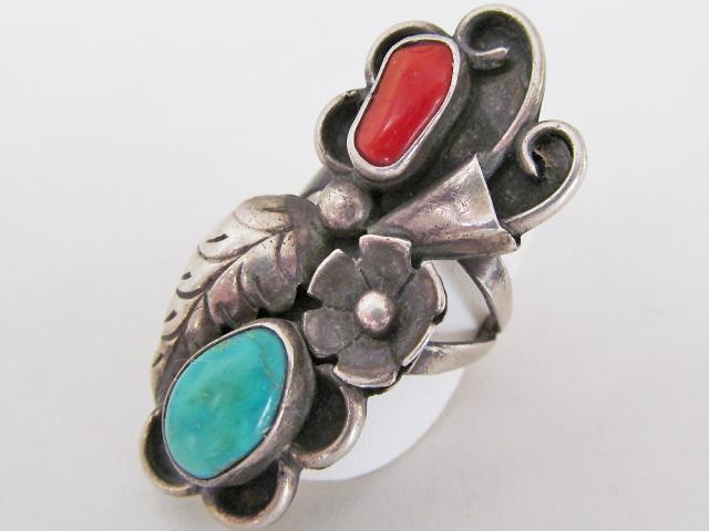 Large Southwestern Sterling Silver Ring with Turquoise and Red Coral