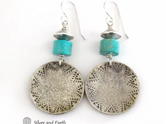 Turquoise Sterling Silver Earrings with Hand Stamped and Hammered Texture