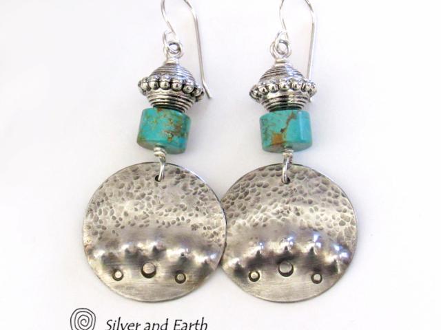 Round Sterling Silver Dangle Earrings with Turquoise - Unique Artisan Jewelry