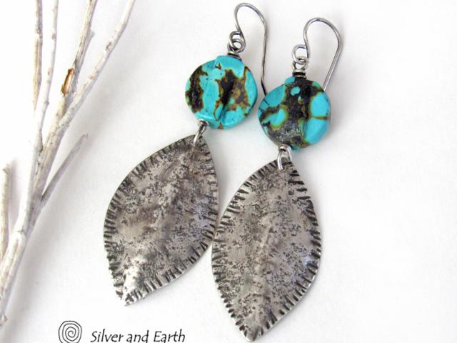 Earthy Organic Sterling Silver Earrings with Natural Turquoise Stones