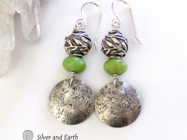 Sterling Silver Earrings with Green Serpentine Stones & Leaf Beads