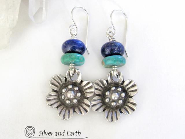 Silver Pewter Flower Earrings with Turquoise & Lapis - Nature Jewelry