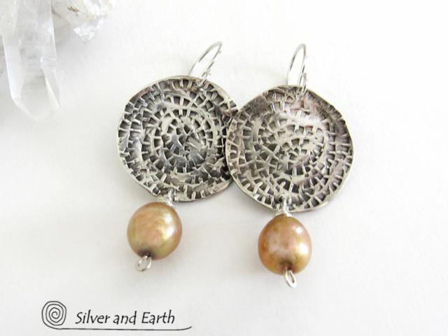 Small Sterling Silver Earrings with Dangling Gold Freshwater Pearls