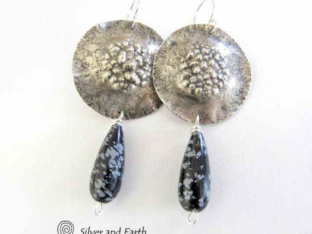 Sterling Silver Earrings with Snowflake Obsidian Stones - Unique Silver Jewelry